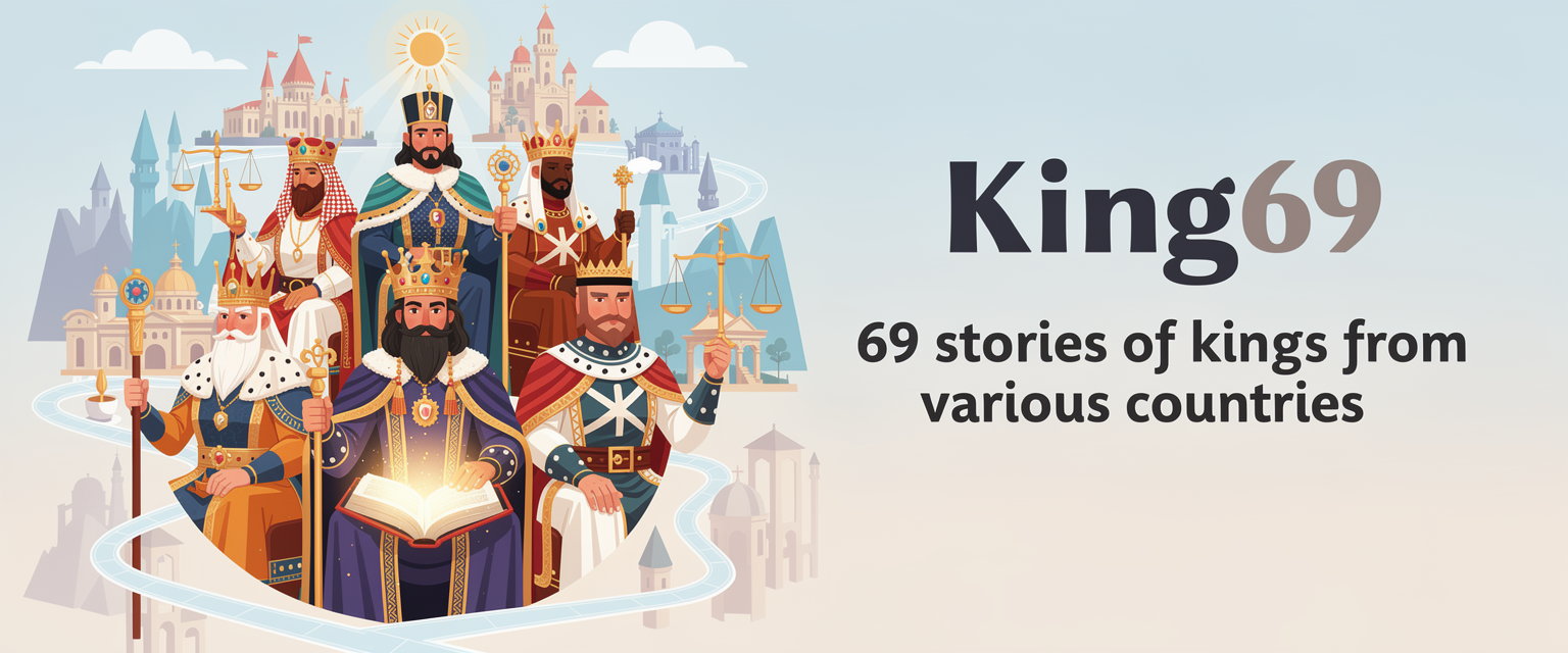 Ilustrasi 69 kisah raja dari berbagai negara untuk King69 dengan tema 69 kisah raja, mahkota, istana, dan pelajaran kepemimpinan dari berbagai negara.