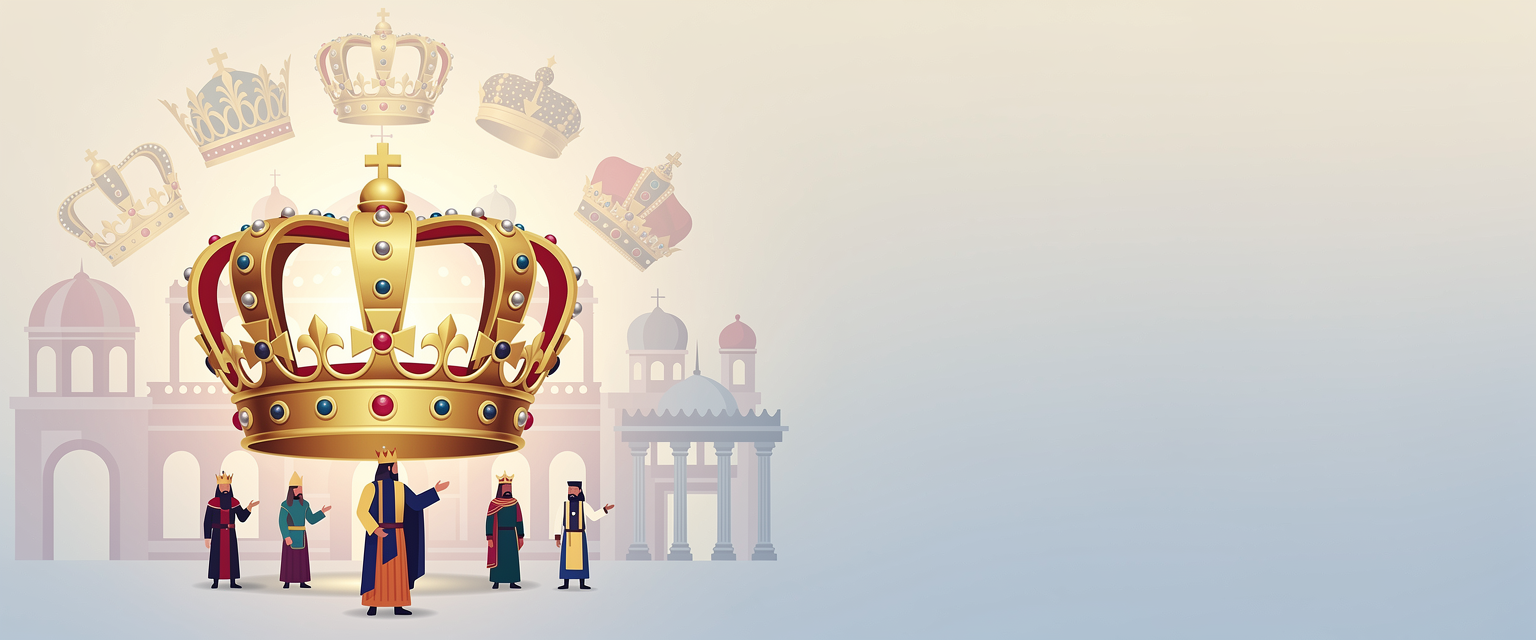 Ilustrasi simbol mahkota dan maknanya dalam sejarah untuk King69 dengan tema 69 kisah raja, mahkota, istana, dan pelajaran kepemimpinan dari berbagai negara.